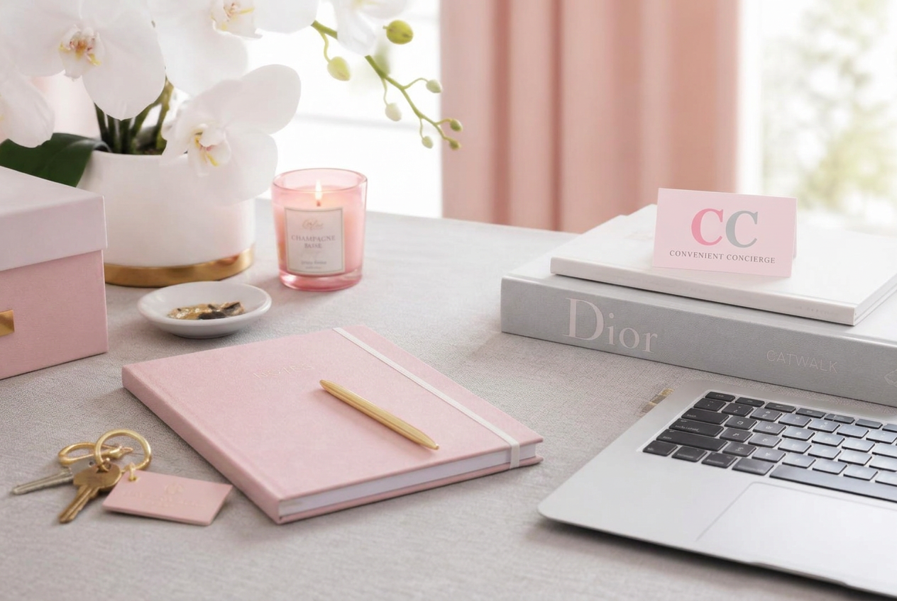 Convenient Concierge CC logo business card on a blush pink desk with notebook, keys and laptop